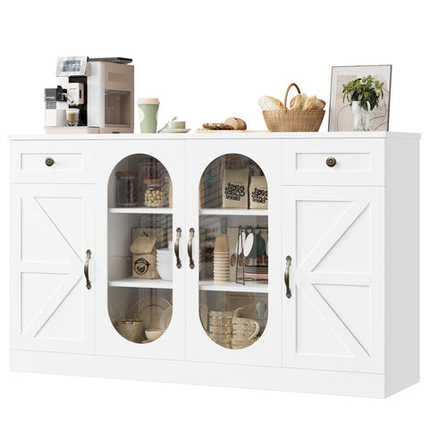 Homfa 53.7”W Kitchen Sideboard with Glass Doors, Dining Room Buffet Storage Cabinet with Drawers Adjustable Shelves, White