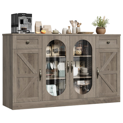 Homfa 53.7”W Kitchen Sideboard with Glass Doors, Dining Room Buffet Storage Cabinet with Drawers Adjustable Shelves, Gray