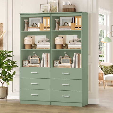 Homfa 2 Set of Green Bookcases, 71" Tall Bookcase with 3 Drawers, 3 Tier Wooden Bookshelf for Living Room Home Office