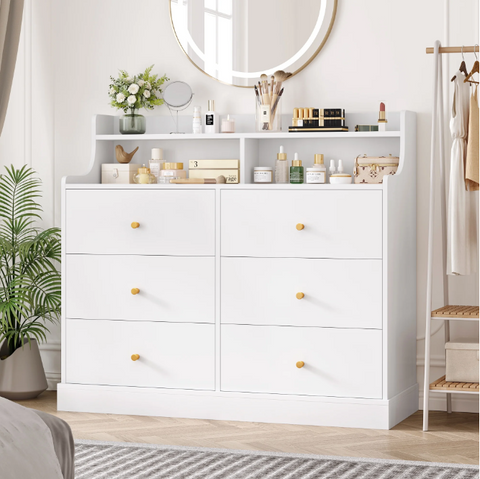 Homfa 6 Drawer Double White Dresser with Hutch, Modern Wood Dresser Storage Cabinet for Bedroom Living Room