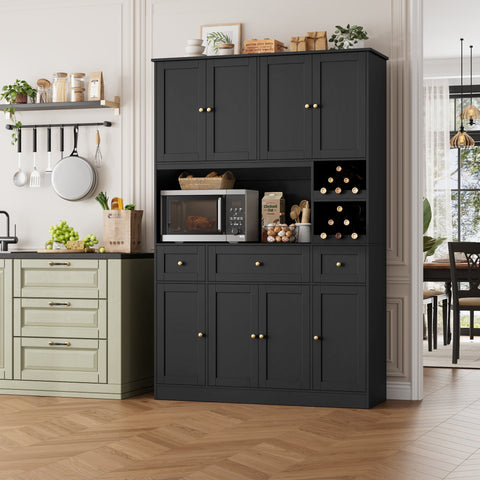 Homfa 72"H Kitchen Pantry Storage Cabinet, 8 Door Pantry Cabinet with Microwave Stand & Wine Rack for Kitchen, Dining Room, Black