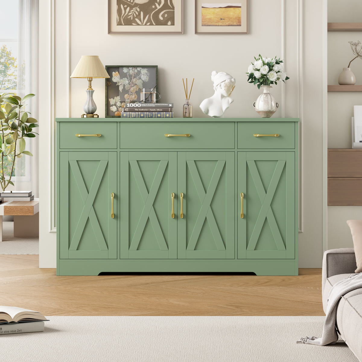 Homfa Buffet Cabinet with 3 Drawers and 4 Doors, 55.1