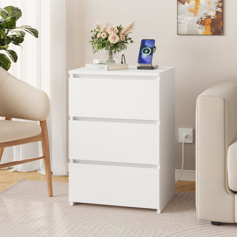Homfa 3 Drawers Nightstand with Charging Station, Modern End Side Table, Wooden Storage Cabinet for Bedroom Living Room, White