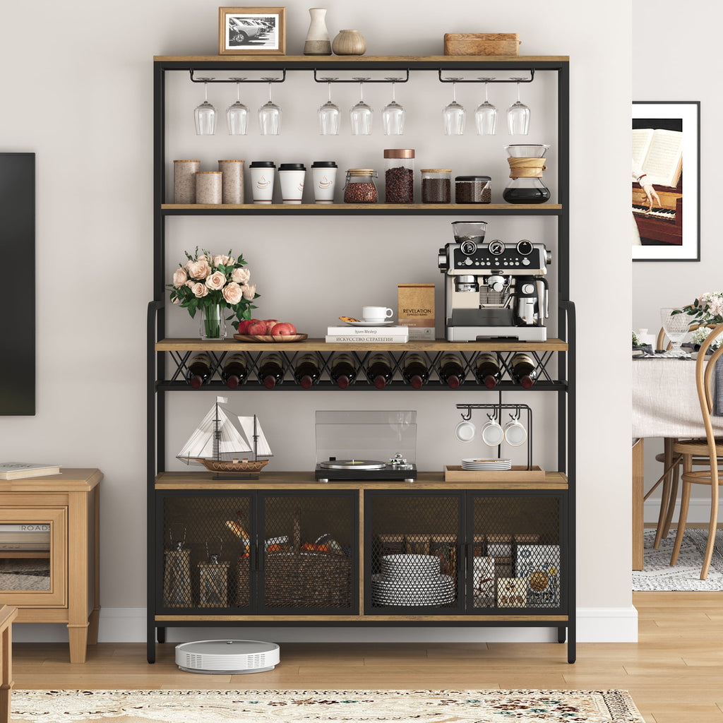 Homfa Wine Bar Cabinet with Power Outlet, Kitchen Microwave Stand