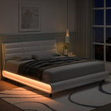 Homfa King Bed Frame with Adjustable Headboard, 16 Color LED Upholstered PU Leather Platform Bed, White