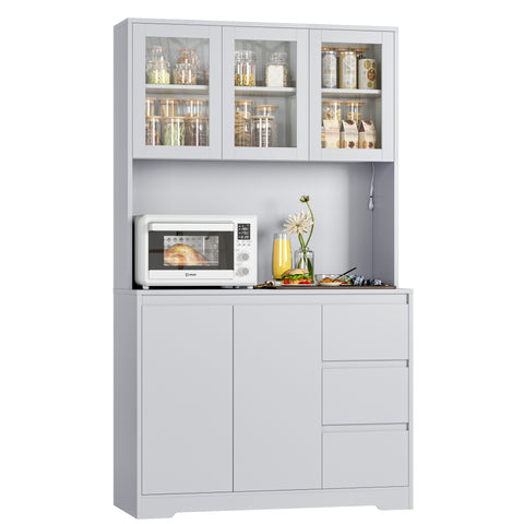 Homfa 70.9'' Kitchen Pantry Cabinet with Charging Station and LED Light, 3 Drawers Buffet Storage Cabinet with Glass Doors and Adjustable Shelves, Gray