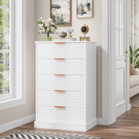 Homfa 5 Drawer White Dresser with Wave Panel, Contemporary Storage Cabinet for Bedroom Living Room