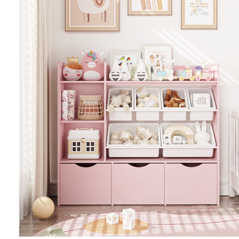 Homfa Kids Bookcase with 6 Storage Bins, Multi-Purpose Toy Organizers Bookshelf with 3 Drawers for Bedroom Nursery Playroom, Pink