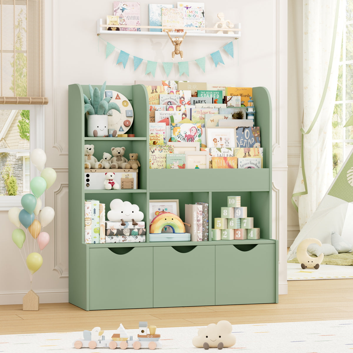 Homfa 47''W Kid's Bookcase, Bookshelf with 5 Storage Cubbies & 3 Movab ...