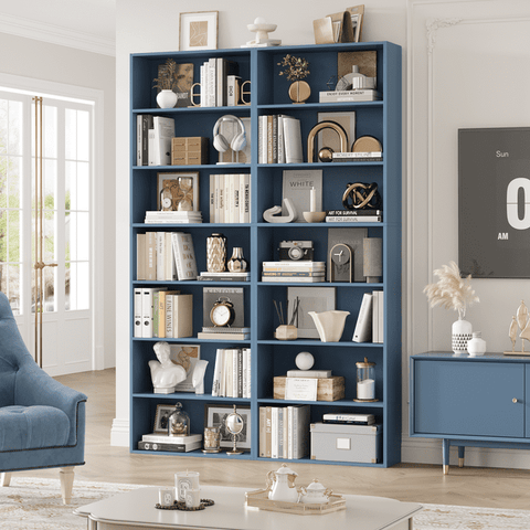 Homfa 82" Tall Bookcases Set of 2, Freestanding Display Storage Shelves, 7-Tier Open Bookshelf for Home Office Living Room Bedroom, Blue