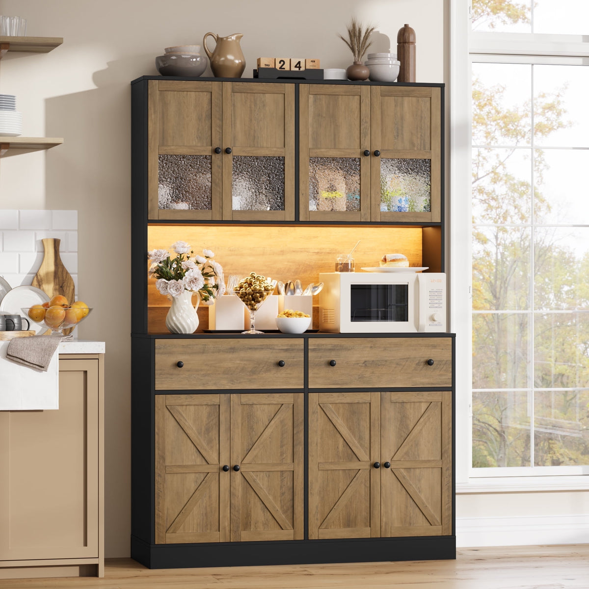 Homfa 8-Door Pantry Cabinet with 2 Drawer, LED Hutch Cabinet with & Ch ...