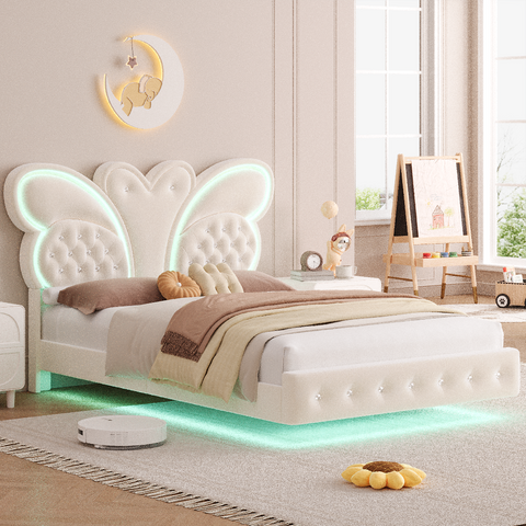 Homfa Full Size Floating LED Bed with Butterfly Headboard,Velvet Button Tufted Upholstered Platform Bed Frame, Pink