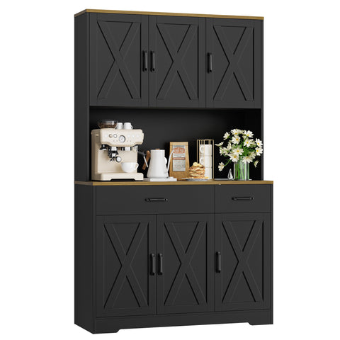 Homfa Kitchen Pantry with Charging Station, Freestanding Kitchen Cupboard with 4 Cabinets, 2 Drawers & 1 Open Shelves, Floor Cabinet for Living Room, Black