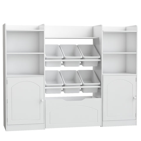 Homfa Kids Toy Storage Cabinet with 4 Cubby, Kids Bookshelf with Removable 6 Plastic Box, Toy Bin for Kids Room, White