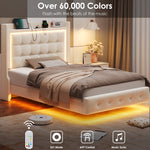 Homfa Twin Size Floating Bed Frame with RGB LED Lights & Charging Station, Modern Velvet Upholstered Platform Bed Frame with Storage Headboard, Off-White