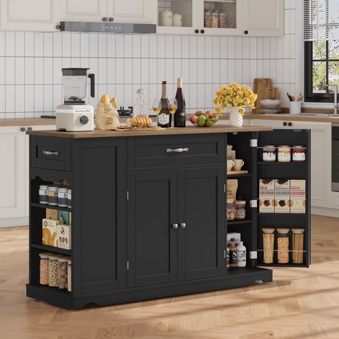 Homfa Kitchen Island with Wheels & Adjustable Shelf, 2 Drawer Modern Buffet Cabinet Sideboard Coffee Bar for Dining Room Living Room, Black