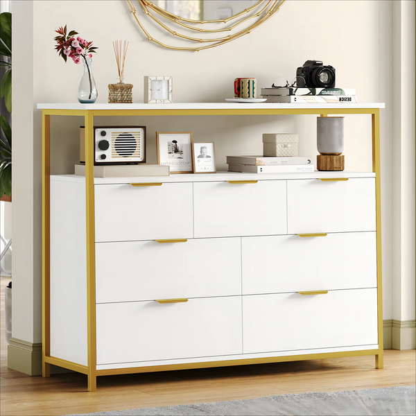 metal frame dresser Dresser with 8 Faux Wood Drawers - Chest Organizer Unit with Steel Frame Wood Top & Handle Easy Pull Fabric
