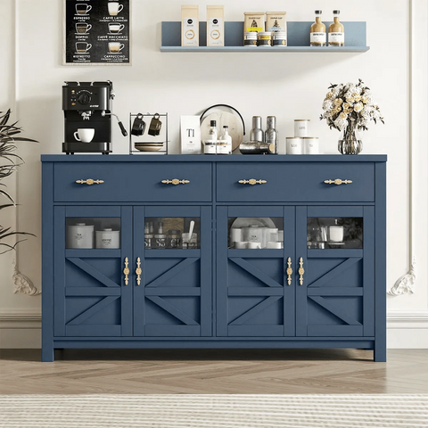 Homfa Farmhouse 55.1"W Kitchen Buffet Cabinet with Storage Drawer & Adjustable Shelf, Glass Door Wood Sideboard Credenza Coffee Bar with for Dining Room Living Room, Blue