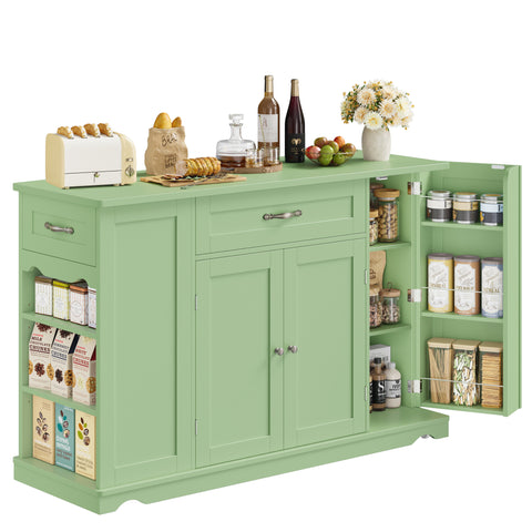 Homfa Kitchen Island with Wheels & Adjustable Shelf, 2 Drawer Farmhouse Buffet Cabinet Sideboard Coffee Bar for Dining Room Living Room, Green