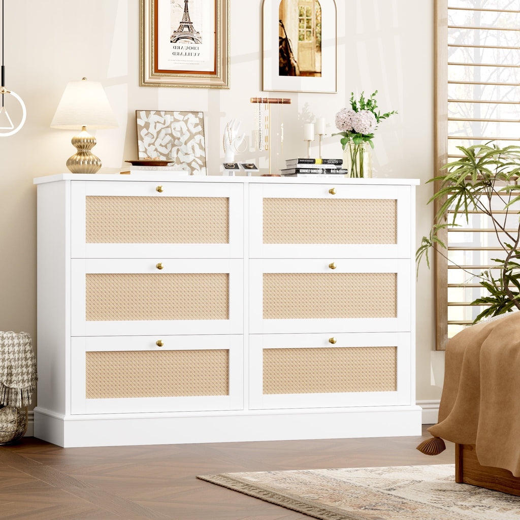 Homfa 6 Drawer Horizontal Rattan Dresser for Bedroom, White Double Dre myhomfa Homfa 6 Drawer Horizontal Rattan Dresser for Bedroom, White Double Dre myhomfa