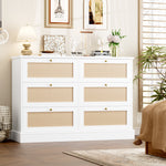 Homfa 6 Drawer Horizontal Rattan Dresser for Bedroom, White Double Dresser, Modern Chest of Drawers for Living Room