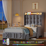 Homfa Full Size Upholstered Bed Frame with LED Light Stripe and USB Ports, Car-Shaped Velvet Tufted Bed Frame with Decorative Wheels, Beige