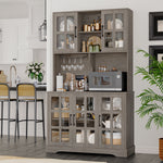 Homfa 70.9'' Kitchen Pantry Hutch with Glass Door, Wood Storage Cabinet with Adjustable Shelves and Wine Holder, Gray