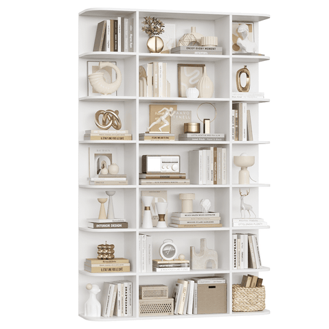Homfa 7-Tier Triple Wide Bookcase, 84.6" Tall Bookshelf with Curved Display Shelves for Living Room Home Office Study, White