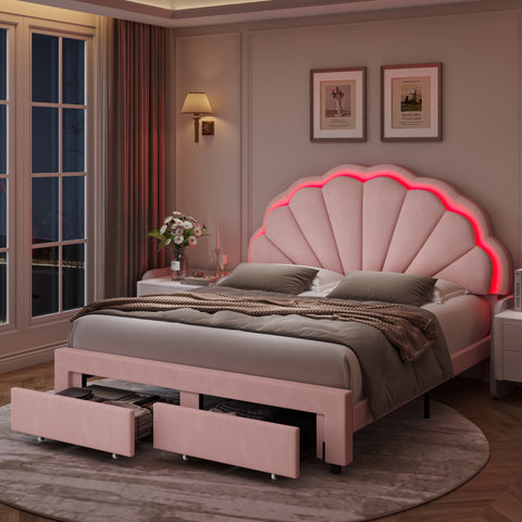 Homfa Full Size LED Bed Frame with Drawer, Velvet Upholstered Platform Bed with Adjustable Petal Headboard for Kid, Pink