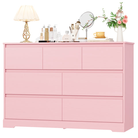 Homfa 7 Drawer Double Dresser, 47.2"W Contemporary Wood Chest of Drawer Storage Cabinet for Bedroom Living Room, Pink