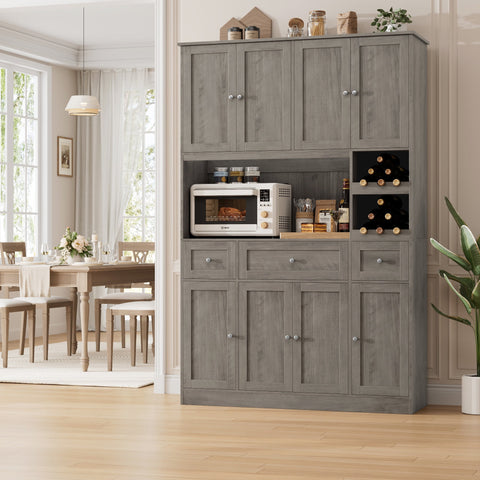 Homfa 72"H Kitchen Pantry Storage Cabinet, 8 Door Pantry Cabinet with Microwave Stand & Wine Rack for Kitchen, Dining Room, Gray