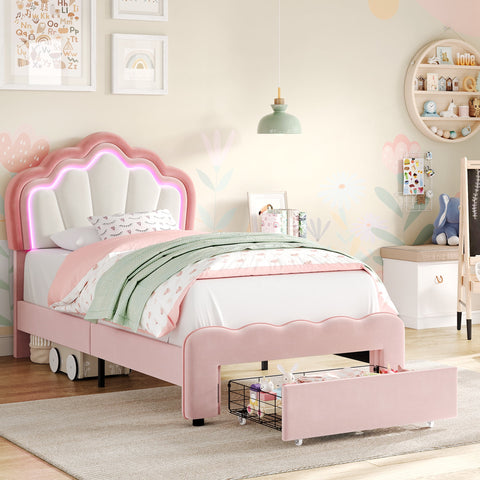 Homfa Twin Size LED Bed Frame with Drawer, Velvet Upholstered Platform Bed with Adjustable Petal Headboard for Kid, Pink