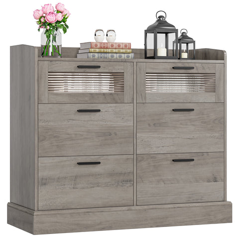 Homfa 6 Drawer Double Dresser with Fence, Chest of Drawers with Wavy Glass, Wooden Storage Cabinet for Bedroom, Wash Gray