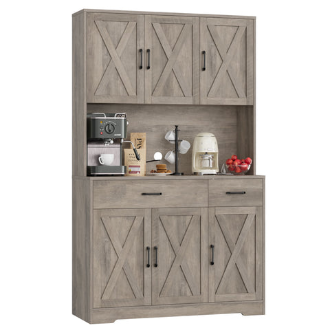 Homfa Kitchen Pantry with Charging Station, Freestanding Kitchen Cupboard with 4 Cabinets, 2 Drawers & 1 Open Shelves, Floor Cabinet for Living Room, Wash Gray