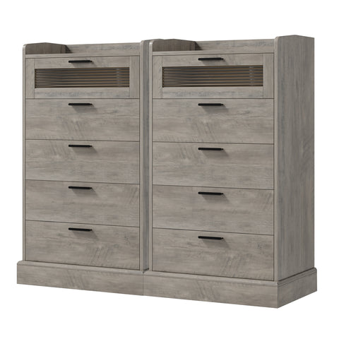 Homfa 5 Drawer Vertical Dresser for Bedroom, Glass Panel Wood Storage Cabinet for Living Room Entryway, Gray, 2 Pack