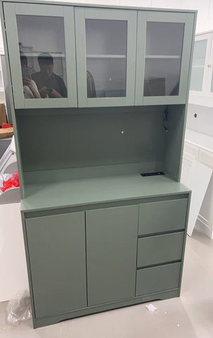 Homfa 70.9'' Kitchen Pantry Cabinet with Charging Station and LED Light, 3 Drawers Buffet Storage Cabinet with Glass Doors and Adjustable Shelves, Green