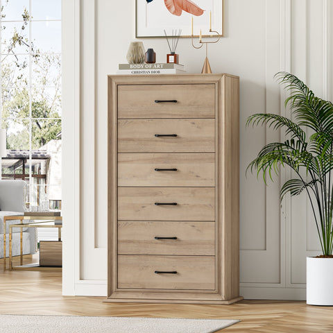 Homfa Wood Tall Dresser with 6 Drawers, 52.9''H Narrow Dresser for Bedroom, Storage Cabinet for Living Room, Oak