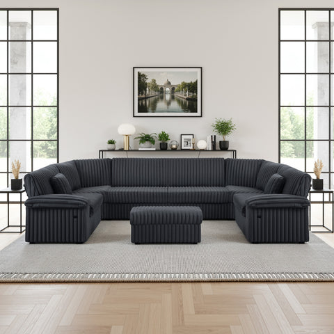 Homfa 3 Seater Sofa Couches with 2 Ottoman Chaise, Comfy Corduroy Sofa with USB Port & Pillows for Living Room, Dark Gray