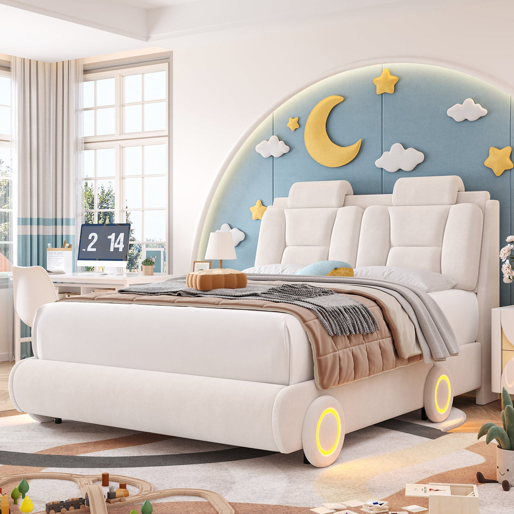 Homfa Full Size Bed Frame with LED Wheel for Kids, Velvet
