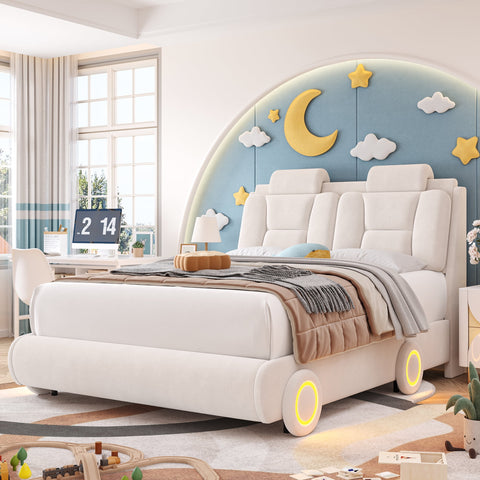 Homfa Full Size Bed Frame with LED Wheel for Kids, Velvet Upholstered Platform Bed with with Adjustable Headboard and Pillow, Beige