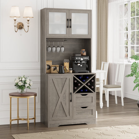 Homfa Farmhouse Kitchen Buffet with Hutch, 2 Drawers Wood Cupboard with Wine Rack & Adjustable Shelves, Gray