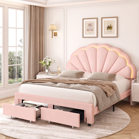 Homfa Queen Size LED Bed Frame with Drawer, Velvet Upholstered Platform Bed with Adjustable Petal Headboard for Kid, Pink