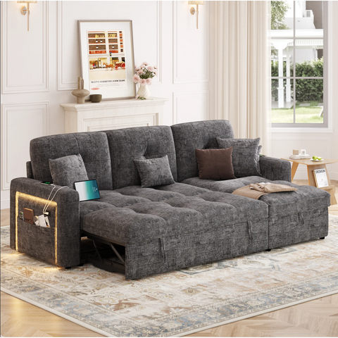 Homfa Sleeper Sofa Bed with Adjustable Headrest & USB Charging Port, Velvet Fabric L-Shaped 3-Seat Sofa with Storage Chaise Couch for Living Room, Gray