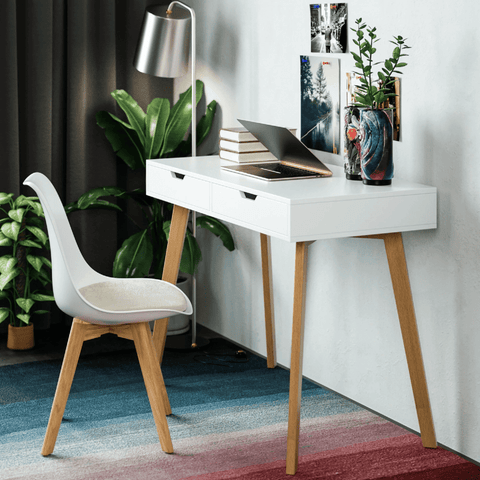 Homfa 2 Drawers White Desk, Small Desk Writing Table with Oak Legs for Home Office