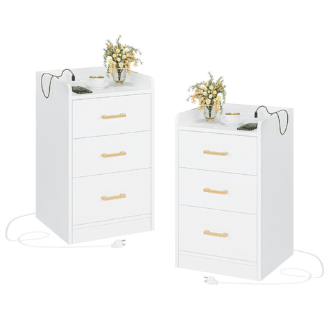 Homfa 2 Pcs White Nightstand for Bedroom, Storage Cabinet with Charging Station and 3 Drawers, Modern Sofa Table for Living Room