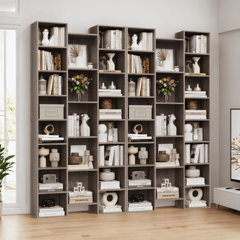 Homfa 2 Pieces Bookshelves, 71¡¯¡¯ Tall Three Row Bookshelf with Adjustable Shelves, 21-Cubes CD Display Storage Organizer Shelf for Living Room Home Office, Oak