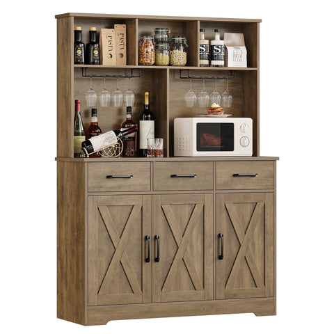 Homfa 3 Door Pantry Cabinet with Hutch, Kitchen Wood China Storage Cabinet with Adjustable Shelves and 8 Wine Holder, Rustic Brown