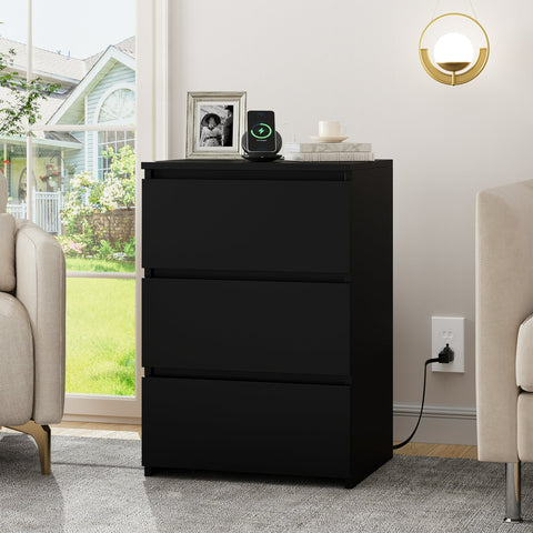 Homfa 3 Drawers Nightstand with Charging Station, Modern End Side Table, Wooden Storage Cabinet for Bedroom Living Room, Black