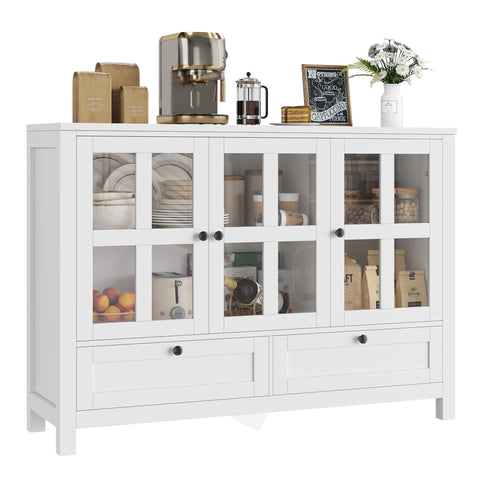 Homfa 3 Glass Door Kitchen Sideboard, 2-Drawers Modern Buffet Cabinet with Adjustable Shelves, White