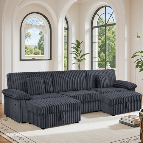 Homfa 3 Seater Sofa Couches with 2 Ottoman Chaise, Comfy Corduroy Sofa with USB Port & Pillows for Living Room, Dark Gray